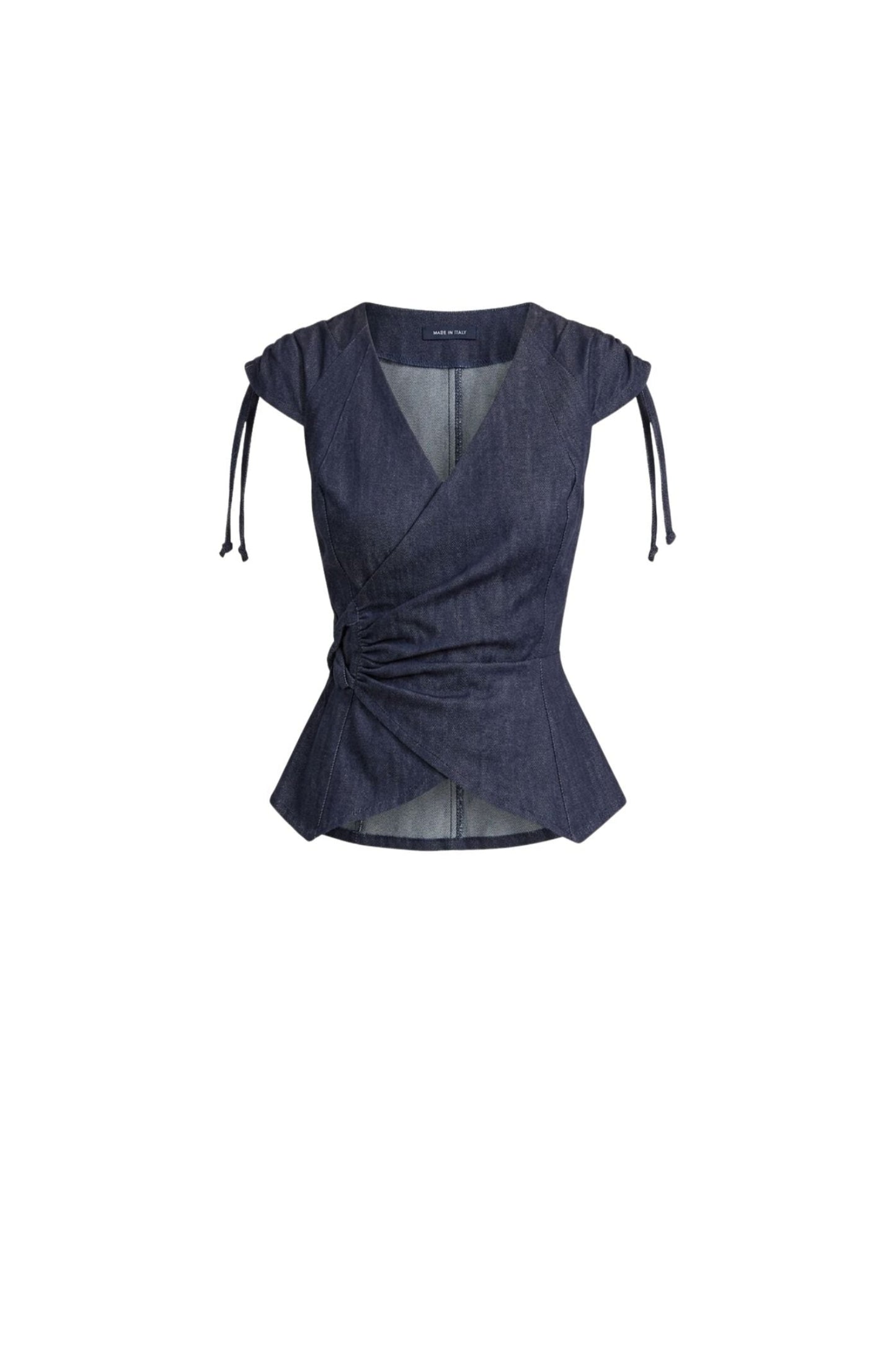 The Sculpted Denim Wrap Top cache-coeur